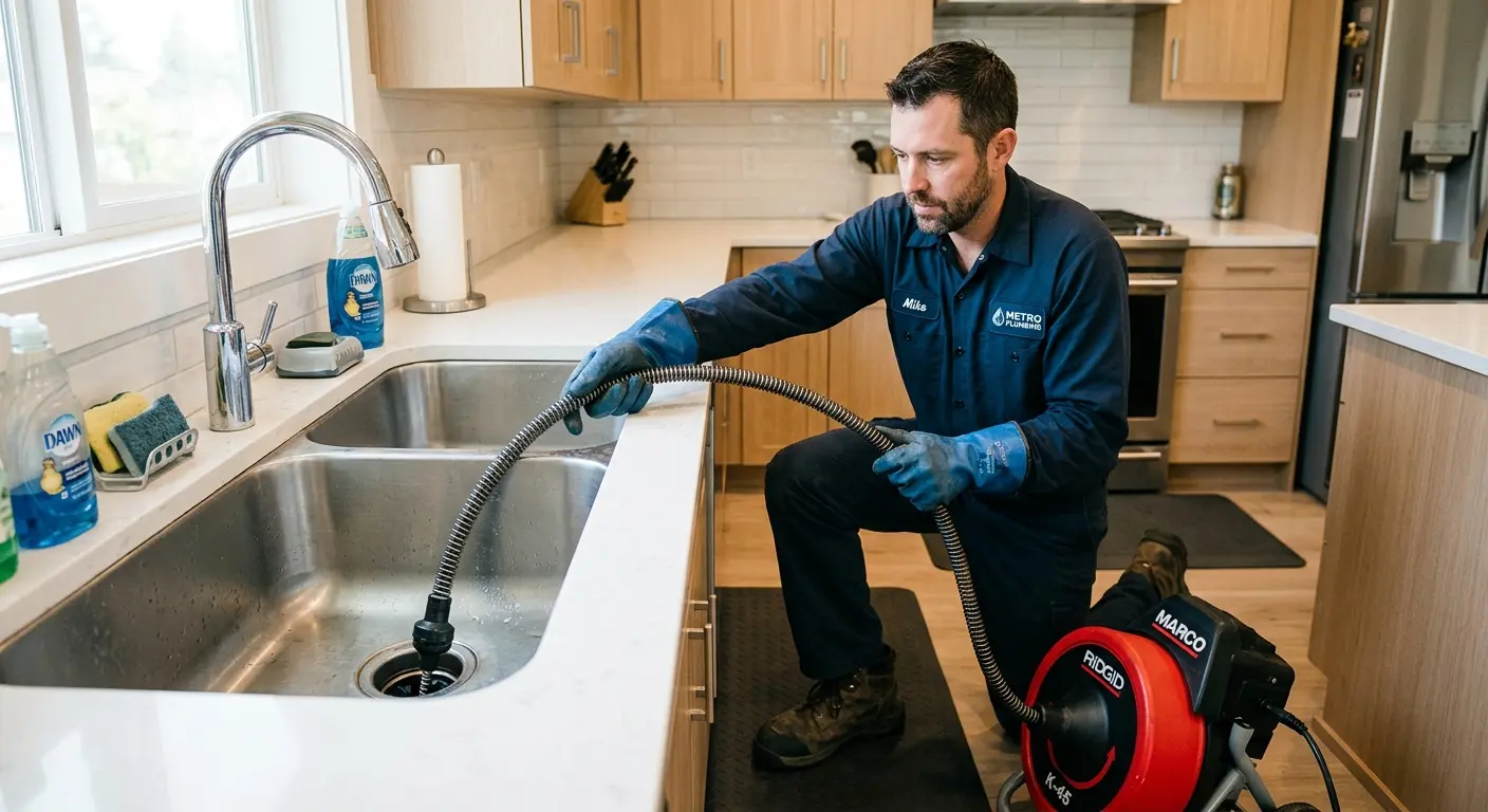 Drain cleaning technician using a motorized snake on a kitchen sink in Perry