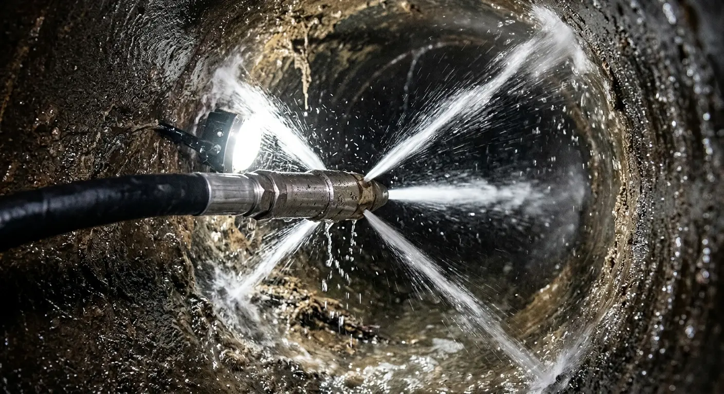 High-pressure hydro jetting nozzle cleaning sewer pipe for Trenchless Sewer Repair in Perry