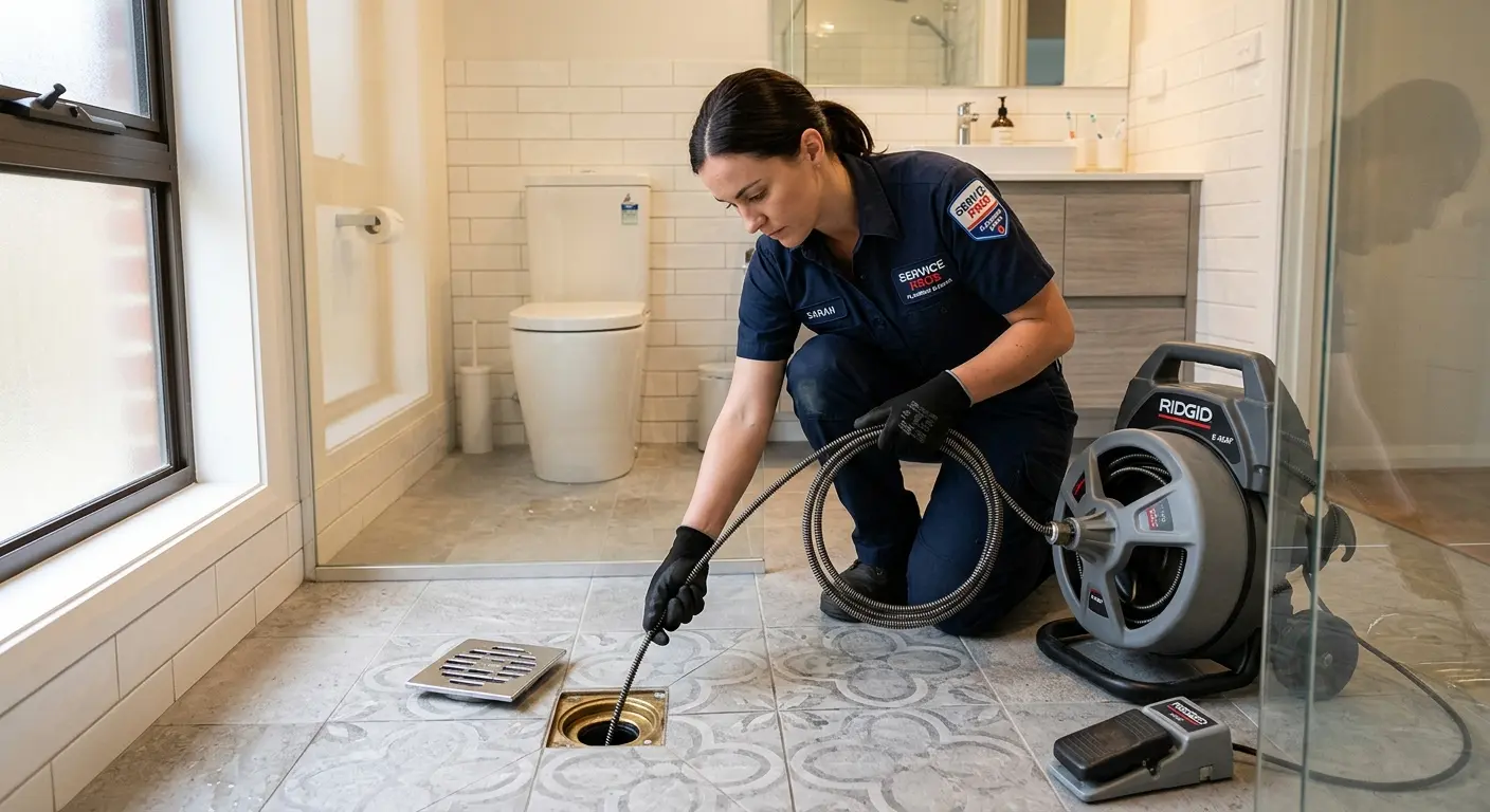 Technician clearing a bathroom floor drain for Hydro Jetting in Perry